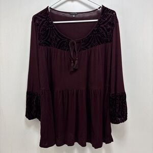 Womens Boho Peasant Burgundy  Velvet Burnout Babydoll Blouse Size XL Victorian